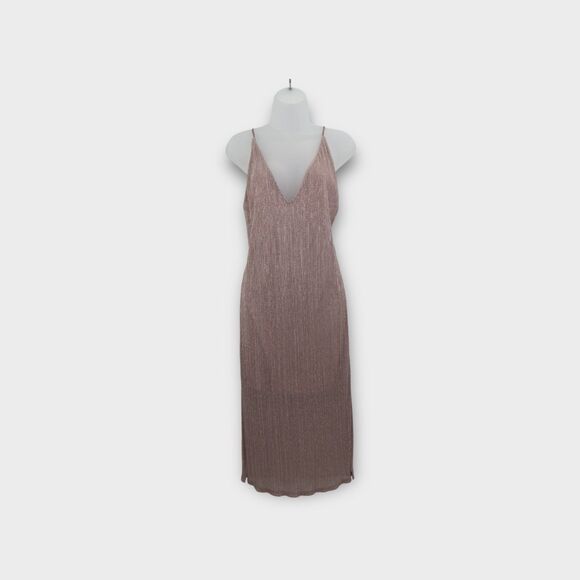 Express Dress Formal Slip Shimmer Strappy Plunging V Double Slit Midi beige M P - Picture 1 of 10